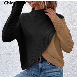 Chiquease Two Tone Overlap Hem Mock Neck Sweater Size Large